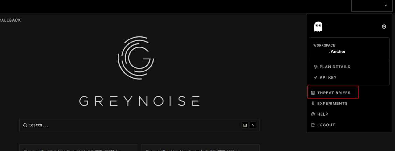 GreyNoise Visualizerのアカウントメニュー。